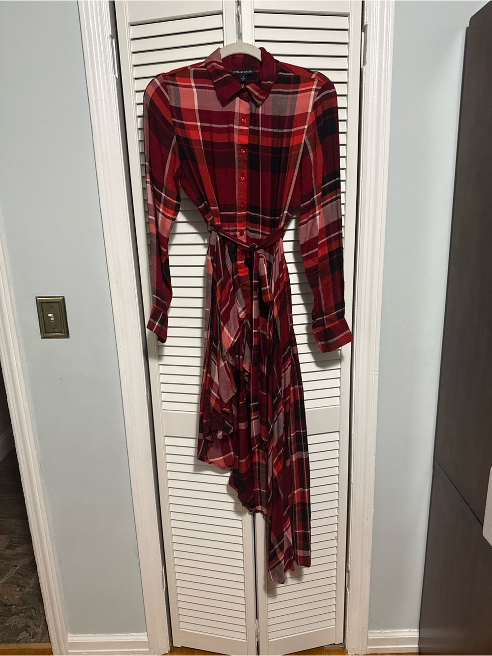 Red Plaid High-Low Shirt Dress with Tie Waist